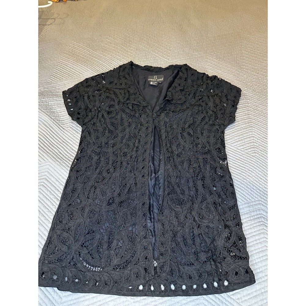 Carole Little Black Lace Short Sleeve Button Front Jacket Size 8